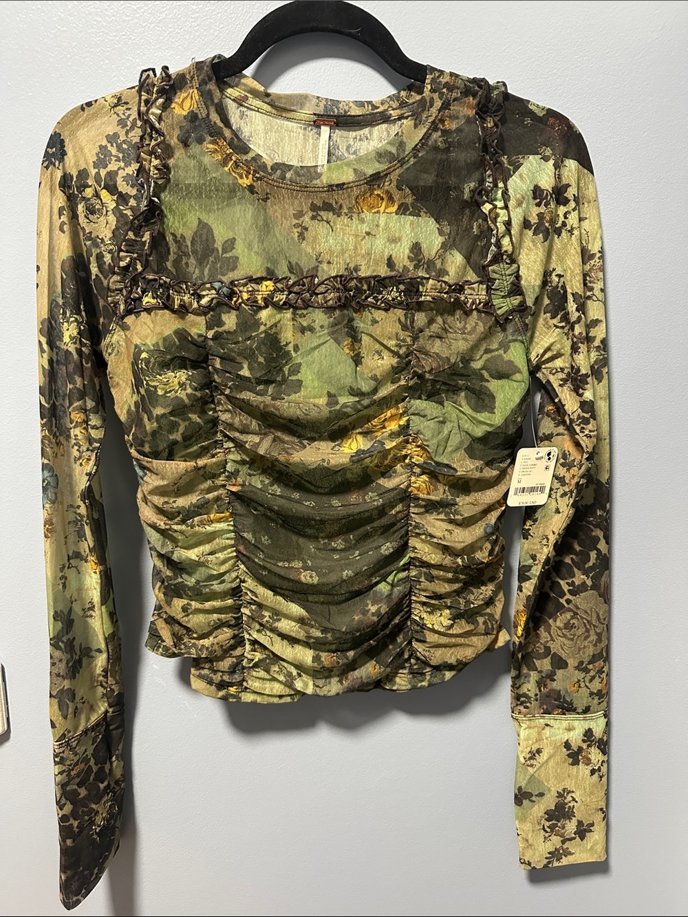FREE PEOPLE Ariana Long Sleeve Ruched Top / Sage Combo SZ Medium - Picture 4 of 7